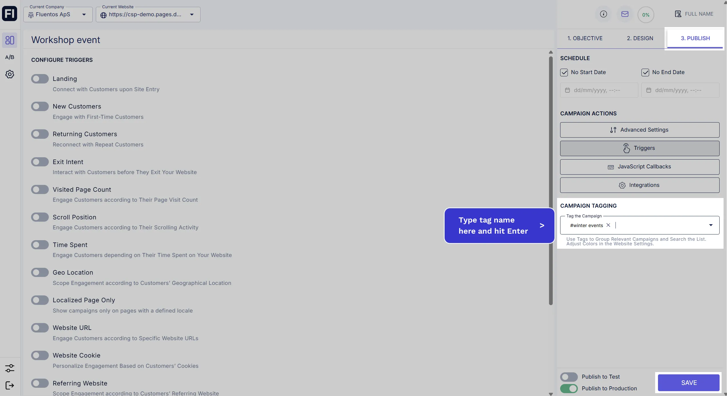 Creating tags on the Campaigns page