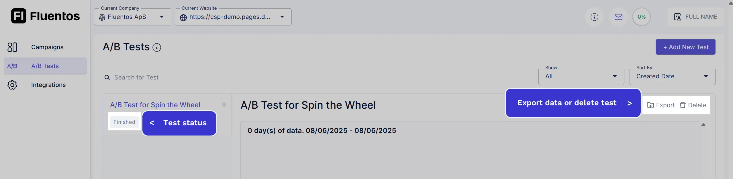Export or Delete A/B Test