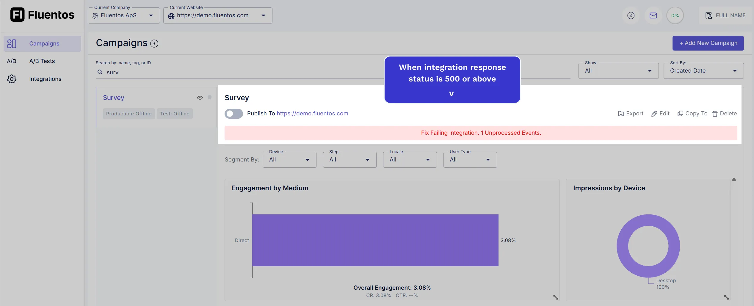 Failed Integration Campaign View