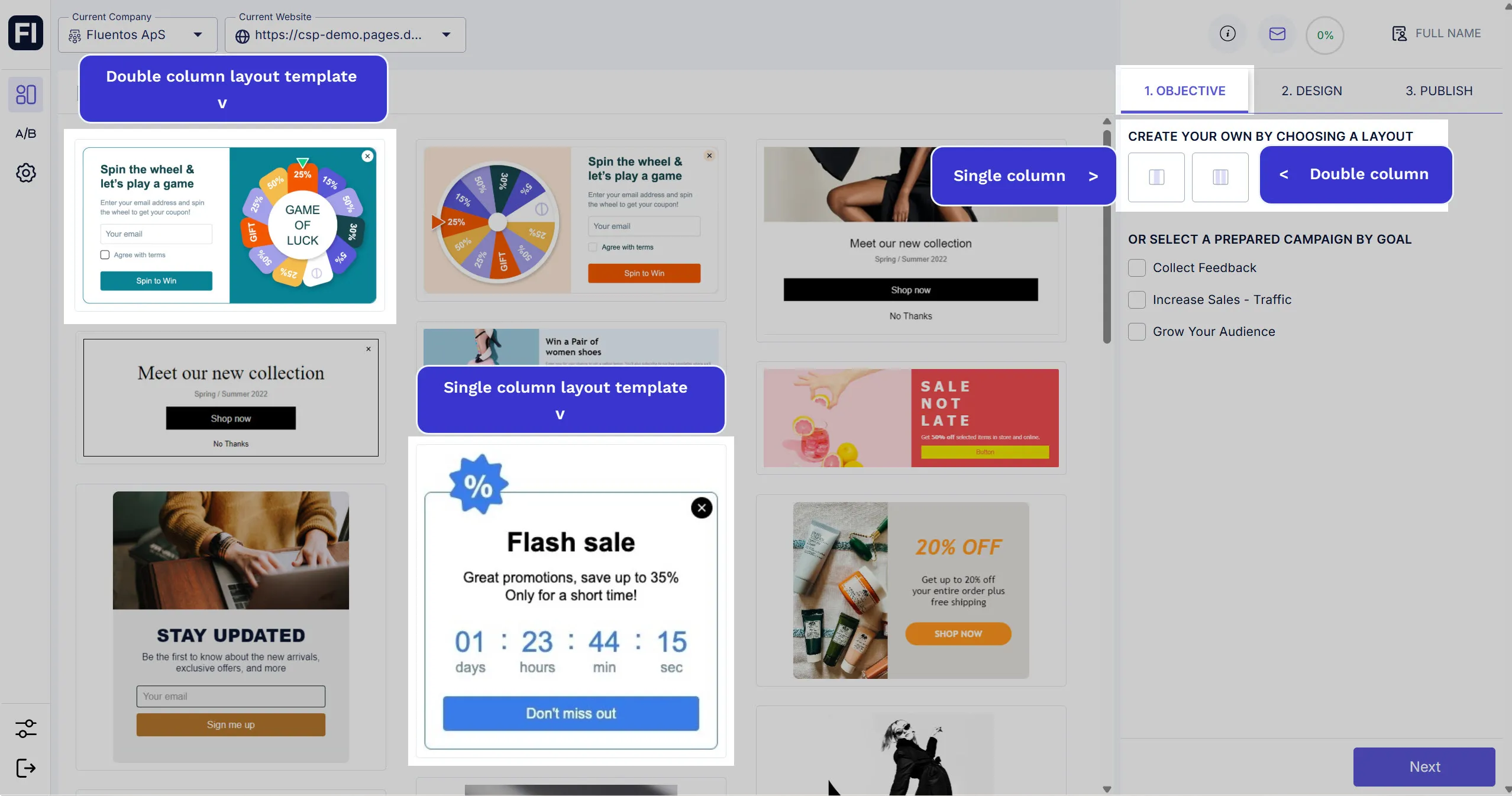 Single column and double column layouts